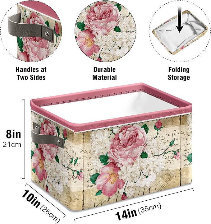 Vintage Rose Floral Foldable Baskets Storage Bins with Handles, Decorative Cloth Organizer Storage Boxes 2 sets - Image 6