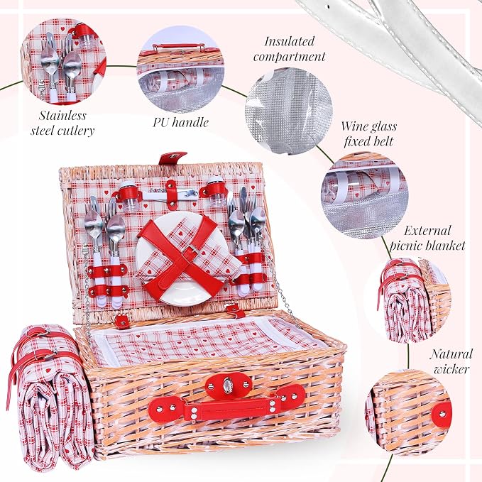 Picnic Basket Set for 4 with Waterproof Blanket Mat Insulation Bag Wicker Floral Pink Red Love Plaid Cute Kawaii Gift for Wedding Birthday Summer Camp Outdoor Camping Beach Travel Christmas - Image 4