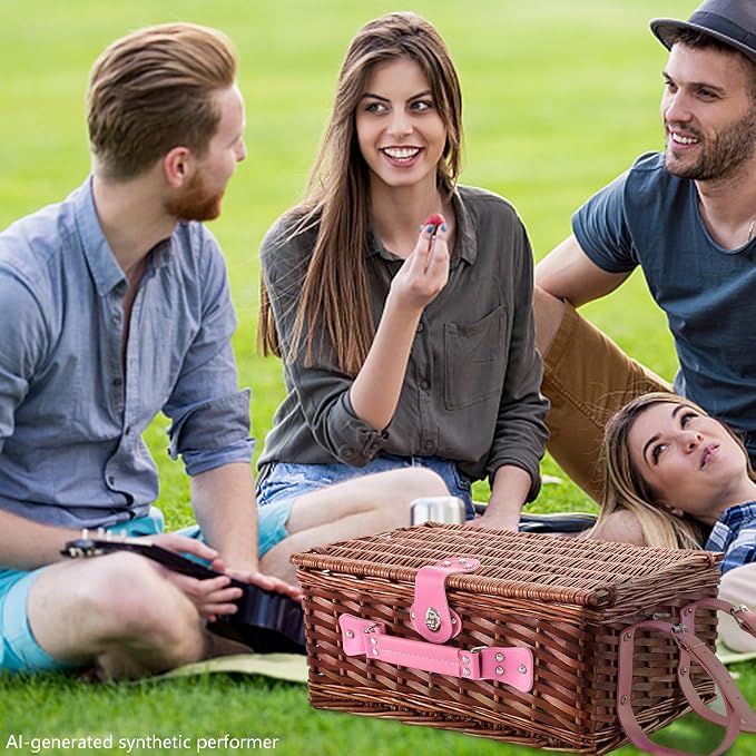 Picnic Basket Set for 4 with Waterproof Blanket Mat Insulation Bag Wicker Pink Stripe Classic Fresh Gift for Christmas Thanksgiving Wedding Birthday Camp Outdoor Beach Travel - Image 7