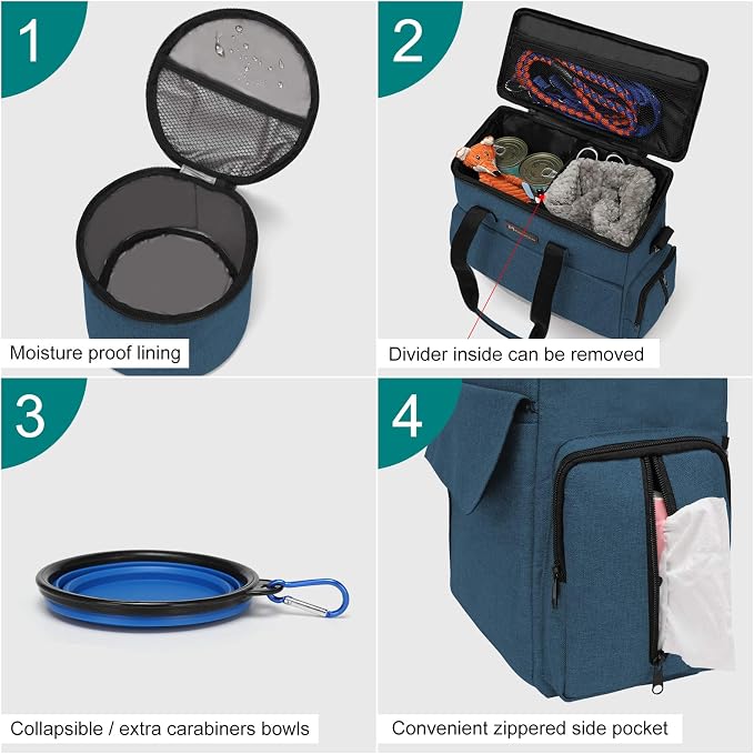 Modoker Dog Travel Bag with 2 Food Bags, 2 Bowls and 1 Mat (Blue) | Roomy Main Compartment | Multiple Functional Pockets | Water-Resistant Oxford Fabric | PVC Backing | Leak-Resistant Lining - Image 4