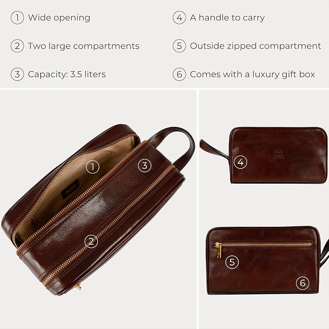 Time Resistance Leather Cosmetic Bag - Italian Toiletry Dopp Kit (Brown) - Image 6