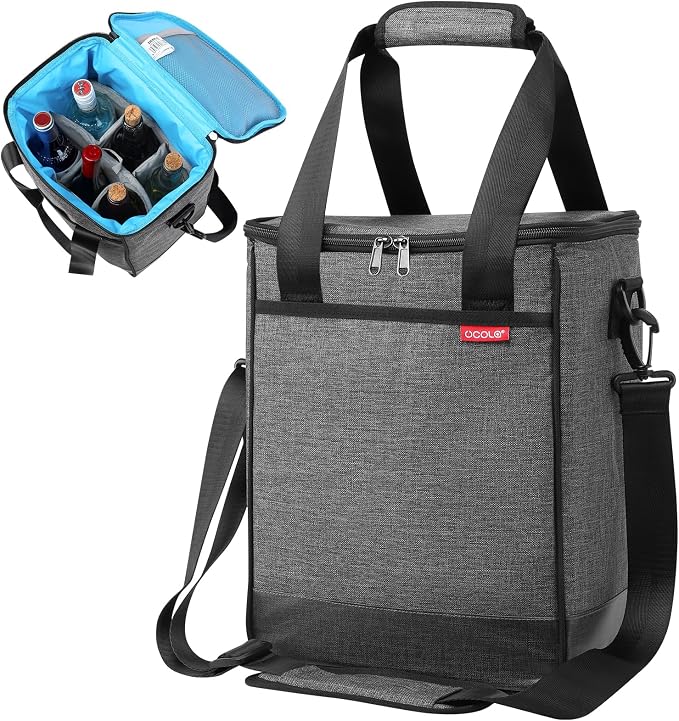 Wine Cooler Bag, Leakproof Insulated Wine Carrier Tote | Fits 2, 3 or 6 bottles with removable divider, shoulder strap, BYOB travel tote for champagne, liquor, picnic and gifts by UCOLA