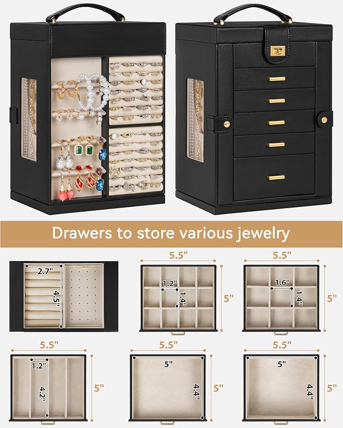 AKOZLIN 6-Tier Jewelry Box Organizer Functional 5 Drawers Leather Jewelry Storage Case for Women Girls Ring Necklace Earring Bracelet Holder Organizer with Mirror Black 360° Rotating - Image 2