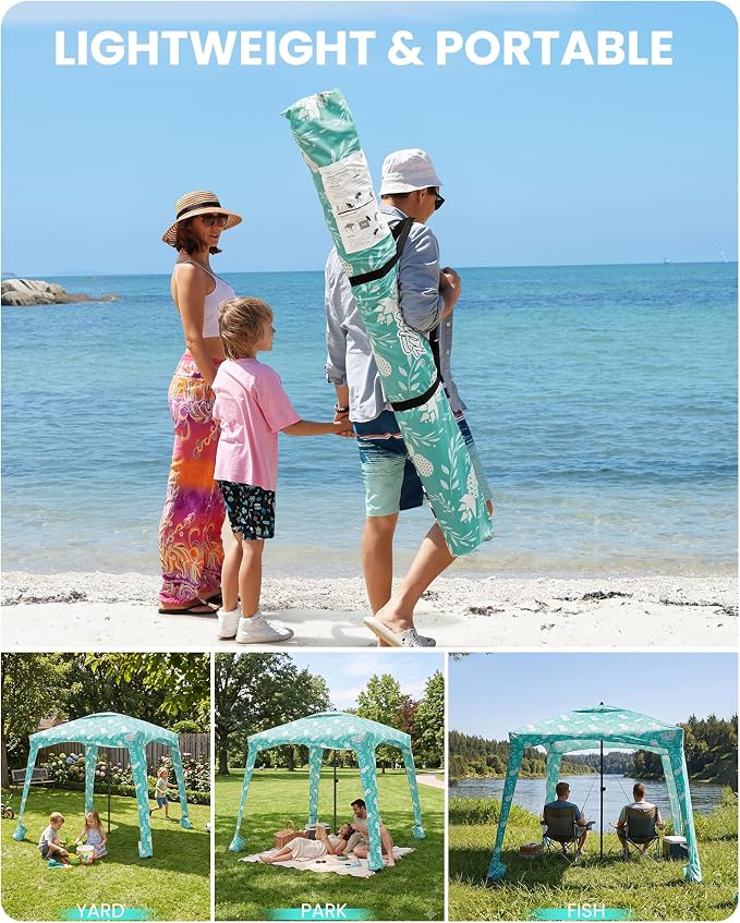 Qipi Beach Cabanas for Sand, Beach Canopy with Sandbags & Side Wall for Family, Easy Set Up Sun Shelter, UPF 50+ UV Protection with Roof Vent - Image 7