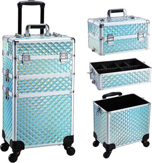 Faquenc 3 in 1 Rolling makeup case Cosmetology Case on Wheels Train Case Makeup Organizers Storage Cart Cosmetic Trolley Travel Barber Suitcase for Make up Artist Nail Tech Hair Lockable, Shiny Mint by Faquenc