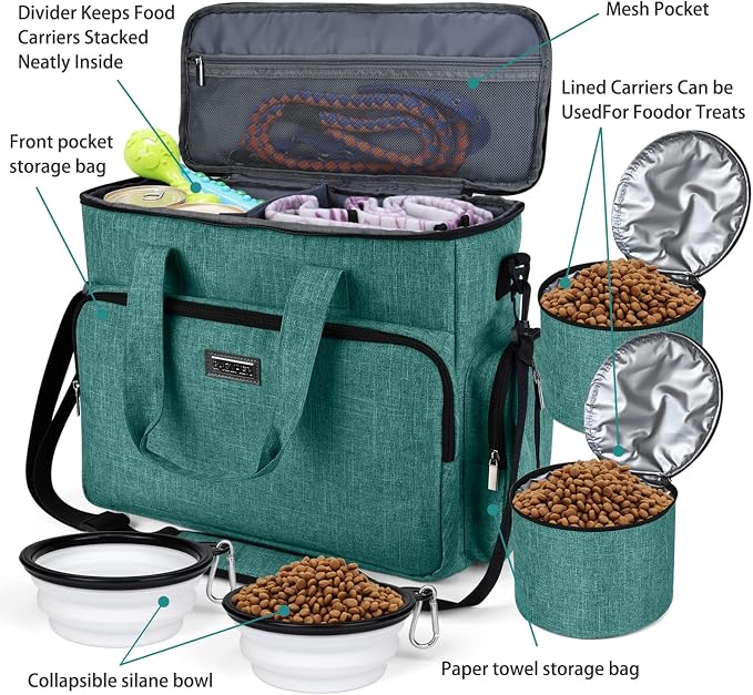 BAGLHER Dog Travel Bag, Airline Approved Pet Tote Organizer with Multi-Function Pockets, 2 X Food Storage Containers and 2 X Collapsible Bowls, Perfect Weekend Pet Travel Set for Dog, Cat Green - Image 5