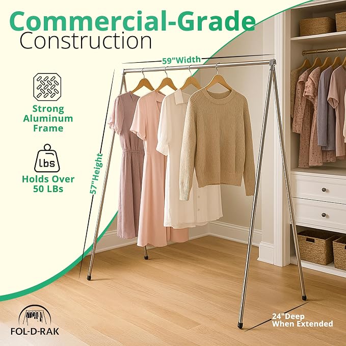 FOL-D-RAK Portable Clothing Rack, Folding Garment Rack with Carry Bag-no Assembly, lightweight 4 LB. Aluminum, 60 LB. Capacity-Travel, Closet, Retail, Trade Show, Dance Recital - Image 9