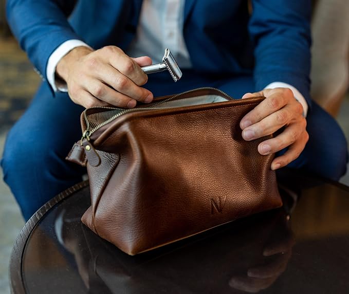 NV Holders Premium Genuine Leather Toiletry Bag for Men - The Ultimate Travel Dopp Kit and Hygiene Organizer, Perfect Men's Toiletry Travel Bag (Brown) - Image 4