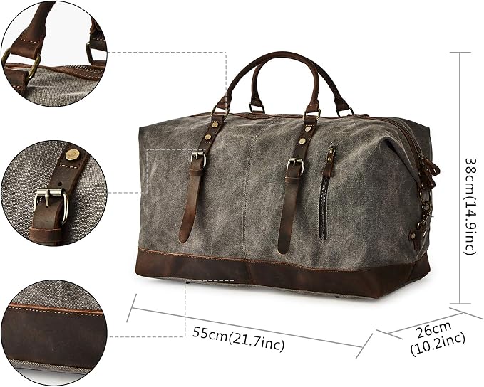 Oversized Canvas Genuine Leather Trim Travel Tote Duffel Shoulder Weekend Bag Weekender Overnight Carryon Handbag - Image 2