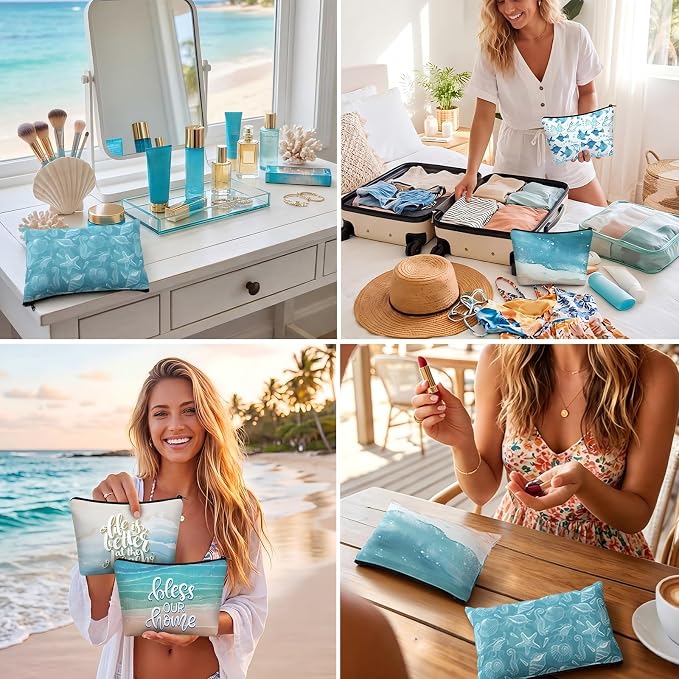 Sweetude 12 Pcs Beach Makeup Bag Bulk Summer Ocean Gifts Portable Travel Cosmetic Bags with Zipper Coastal Sea Starfish Waterproof Roomy Travel Toiletry Organizer Storage Beauty Pouch for Women Gifts - Image 5