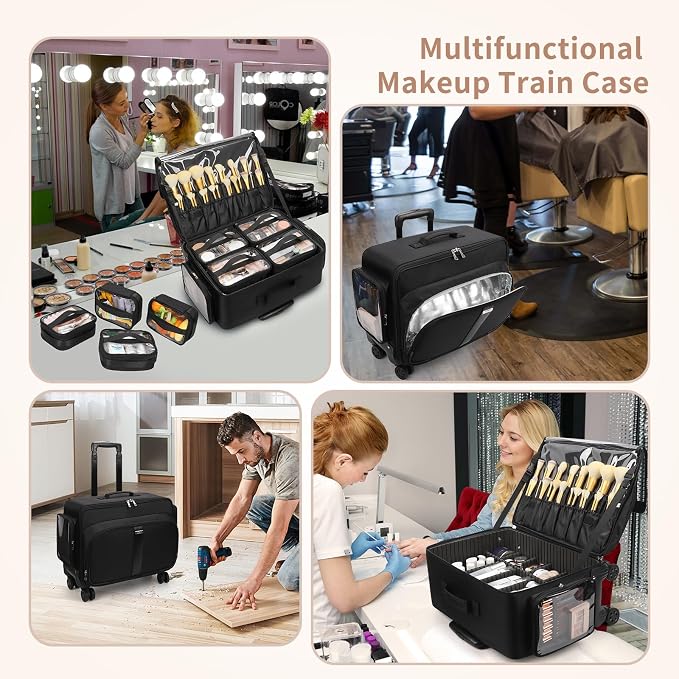 Bagmoly Rolling Makeup Case with 8 Removable Makeup Bags, Makeup Train Case on Wheels Cosmetology Case, Professional Makeup Artist Set Bags Trolley Suitcase Makeup Cart with Adjustable Dividers - Image 7