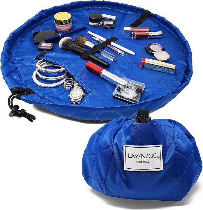 Lay-n-Go Cosmo Lay Flat Drawstring Cosmetic & Makeup Bag Organizer - Zipper Pocket, Brush Loops & Storage - Machine Washable, Toiletry Carrier for Travel, Cinch Closure, Gift (20", Sky Blue) by Lay-n-Go