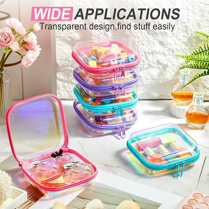 Sanwuta 6 Pcs Clear Hard Zipper Case Plastic Zipper Pouches Transparent Makeup Bag Pencil Case Pouches Toiletry Diaper Bag for Travel Toy Storage Organizer Bins(Holographic,5 x 5 x 2 Inch) - Image 6