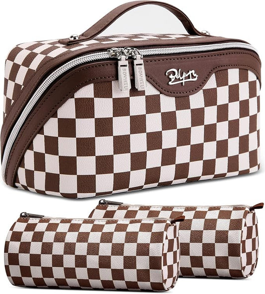 BOYATU Travel Makeup Bag Organizer Cosmetic Bag: 3 Pcs Set Make up Bags for Women with Handle - Waterproof Vegan Leather Toiletry Bag (01-G-Coffee) by BOYATU