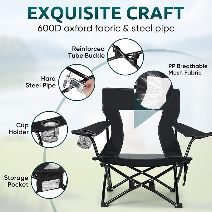 HaSteeL Folding Beach Chair Set of 2, Foldable Black Camping Chairs for Outside, Low Beach Chair Portable for Adults Fishing, Picnic, Outdoor BBQ, Travel, Sports, Cup Holder & Storage Bag - Image 3