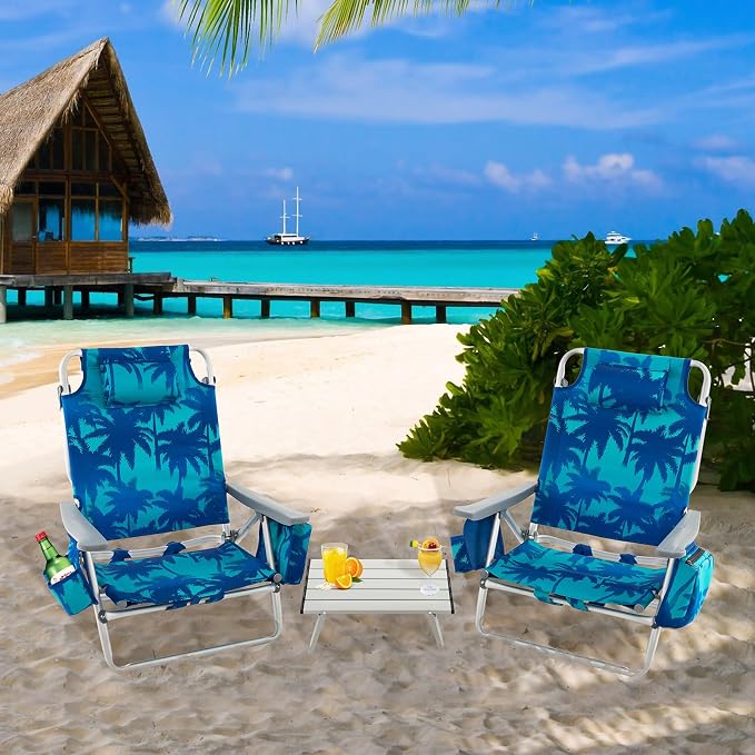 Giantex Folding Beach Chair, Patio Sling Chairs with 5 Adjustable Position, Head Pillow, Storage Bag, Towel Bar, Cup Holders, Backpack Chairs for Sunbathing, Camping Chair - Image 6