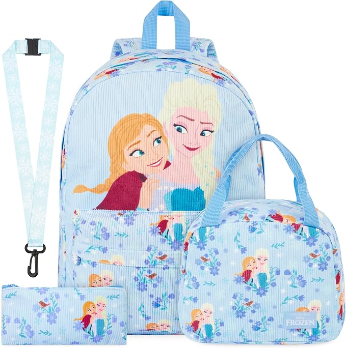 Get Trend Disney Frozen Girls Corduroy Backpack 4 Piece Set | 17 inch Bookbag with Laptop Pocket, Insulated Lunch Bag, Pencil Case & Lanyard, Back to School Gifts for Girls by GetTrend