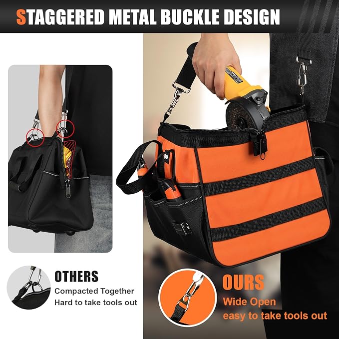 UUP Tool Bag ExtraLarge 20", Heavy Duty Spacious Tool Box Organizer, Orange | 16 Pockets & MOLLE. Detachable Strap & Handle. Non-slip Base, Metal Buckle. 30lb Holds Tools on Truck, Garage, Men Gift. - Image 6
