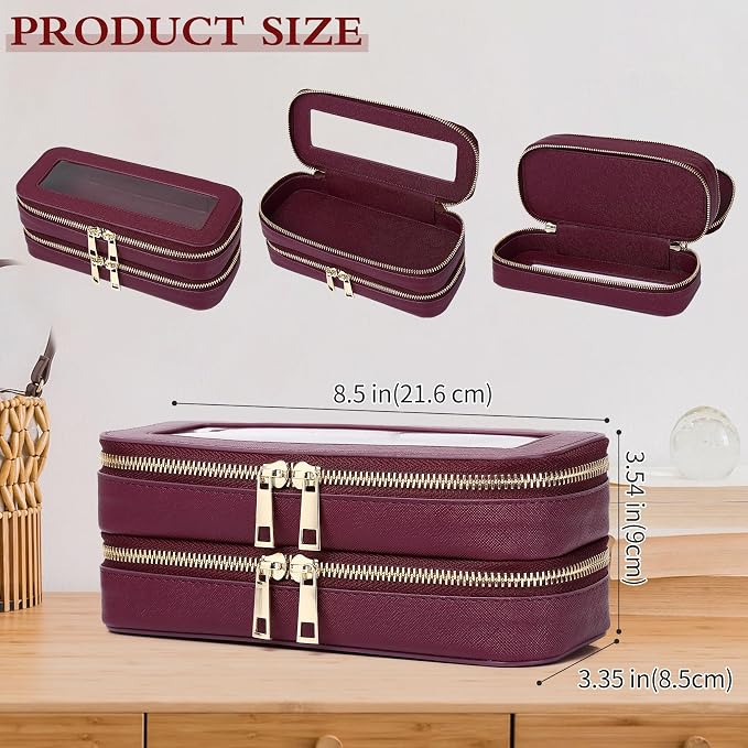 Double Layer Makeup Bag Makeup Brush Case Waterproof Travel Cosmetic & Toiletry Bag Purse Organizer and Car Essentials for Women (Burgundy, 2-Layer SLIM) - Image 4