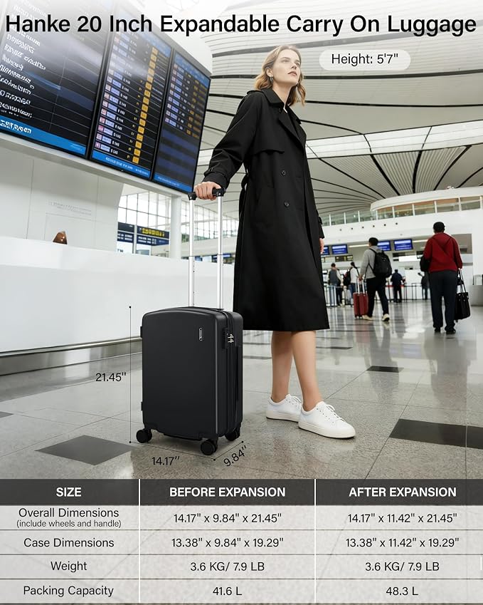 Hanke 20 Inch Expandable Carry On Luggage, 22x14x9 Airline Approved, TSA Lock Hard Shell Lightweight Suitcase for Men Women (Jet Black) - Image 2