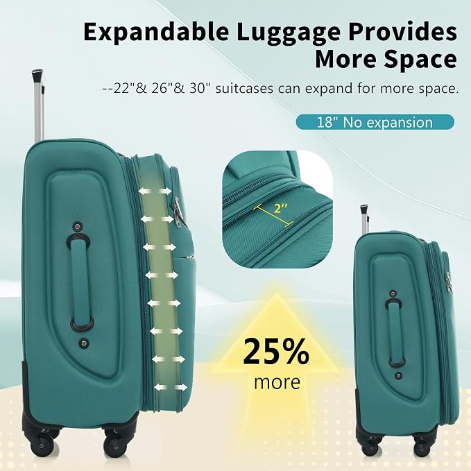 Merax Softside Luggage Set 4 Piece Expandable Travel Suitcase,Blue Green | Durable and lightweight expandable luggage with TSA lock, front pockets and spinner wheels for travel.(18" 22" 26" 30") - Image 4