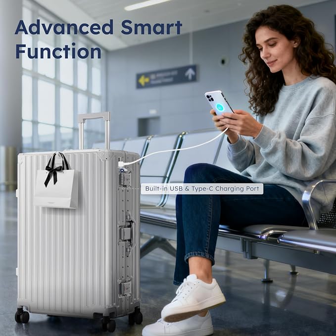 ALPHA CAMP 24 Inch Check-in Luggage, Dual Layer Aluminum Frame Luggage with TSA Spinner Wheels，3-Layer PC Hard Shell Zipperless Hardside Travel Suitcase，Type-C USB Charging Port, Cup Holder - Image 9