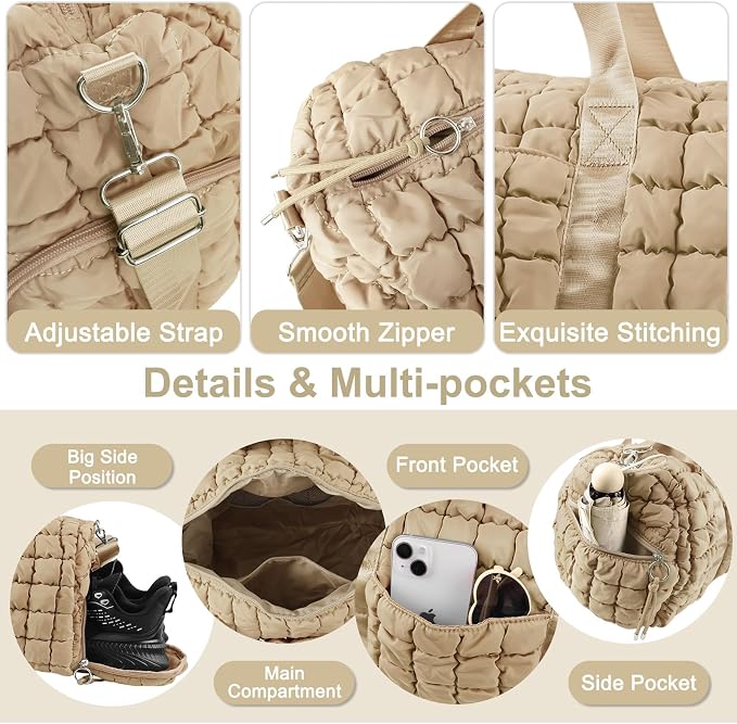 Quilted Travel Duffle Bag Gym Bag for Women,Large Puffer Duffle Weekender Bag with Compartment,Workout Overnight Carry on Organizer Bag Duffle Bag for Airplane Travel(L-Khaki) - Image 4