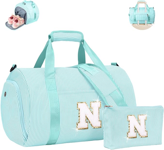 Granddaughter Gift from Grandmom, Girls Travel Duffle Bag, Kids Initial Overnight Bags with Shoe Compartment, Personalized Weekend Bag with Cosmetic Pouch, Birthday Gift for Her (Letter N) by Vogewood
