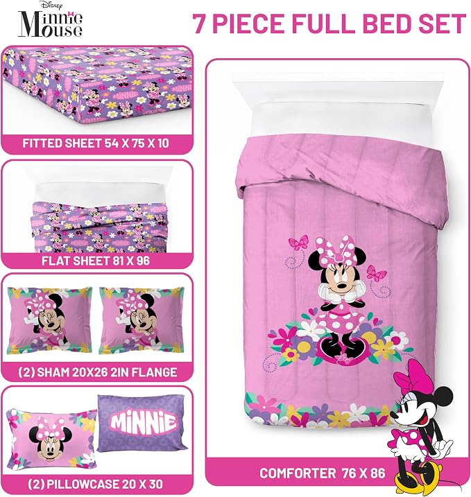 Disney Minnie Mouse Full Size Comforter Set 7 Piece Kids Bedding, Pink | Bed in a Bag, Comforter Sheets Shams Pillowcases, Official Brand, Soft Microfiber, Machine Washable, Girls Gift - Image 3