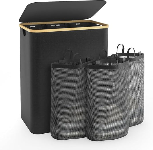 Hampers for Laundry Basket with Lid, 145L Large Laundry Hamper 3 Section | Dirty Clothes Hamper Separator with 3 Removable Bags & 5 Labels, Divided Laundry Organizer for Bedroom, Laundry Room, Black by Bathola