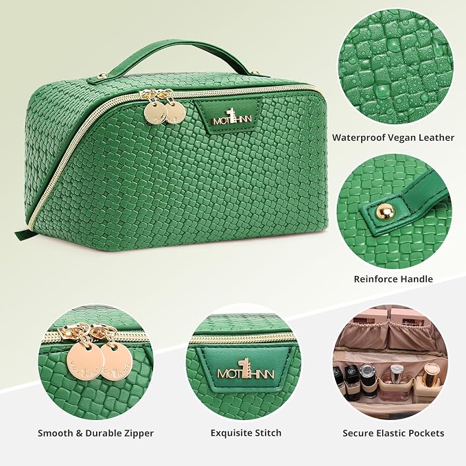 Travel Makeup Bag for Women: Designer 3 Pcs Set Cosmetic Bags for Women - Large Capacity Vagen Leather Hand-made for Toiletry Organizer - Ladies Travel Flat Open Essentials for Luxury (04Green) - Image 4