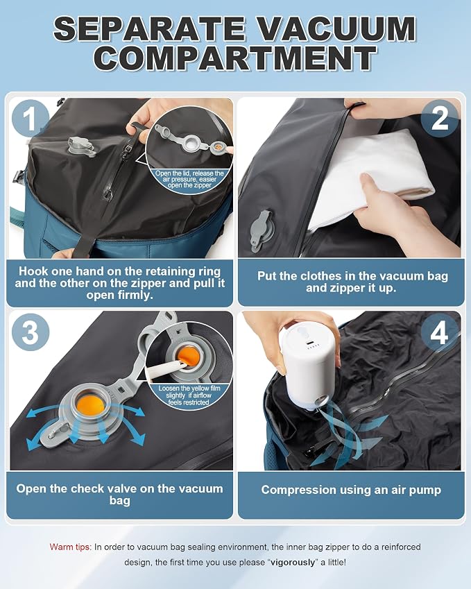 winspansy Vacuum Backpack Travel Essentials with Air Pump Compression Bags for Travel Carry on Flight Approved Seal Vacpack Personal Item Backpack with Vacuum System for Women Men Peacock Blue - Image 3