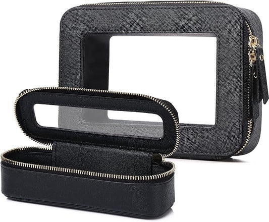 Pinkmik Travel Clear Makeup Bag with Brush Case TSA Approved Toiletry Bag Waterproof Cosmetic Organizer with Zipper Car Essential for Women (Black, M+SLIM) by Pinkmik