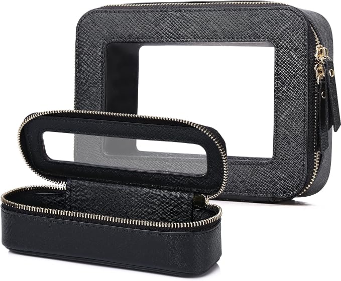 Pinkmik Travel Clear Makeup Bag with Brush Case TSA Approved Toiletry Bag Waterproof Cosmetic Organizer with Zipper Car Essential for Women (Black, M+SLIM) by Pinkmik