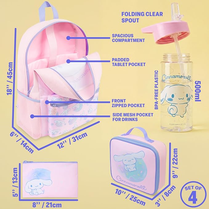 Get Trend Cinnamoroll Girls Backpack, Lunch Bag, Pencil Case, Water Bottle | Sanrio 4 Pc Set, 18in Bookbag, Insulated Lunch Bag, Pencil Pouch & 16.9 fl oz BPA-Free Water Bottle, School, Gifts for Girls - Image 3