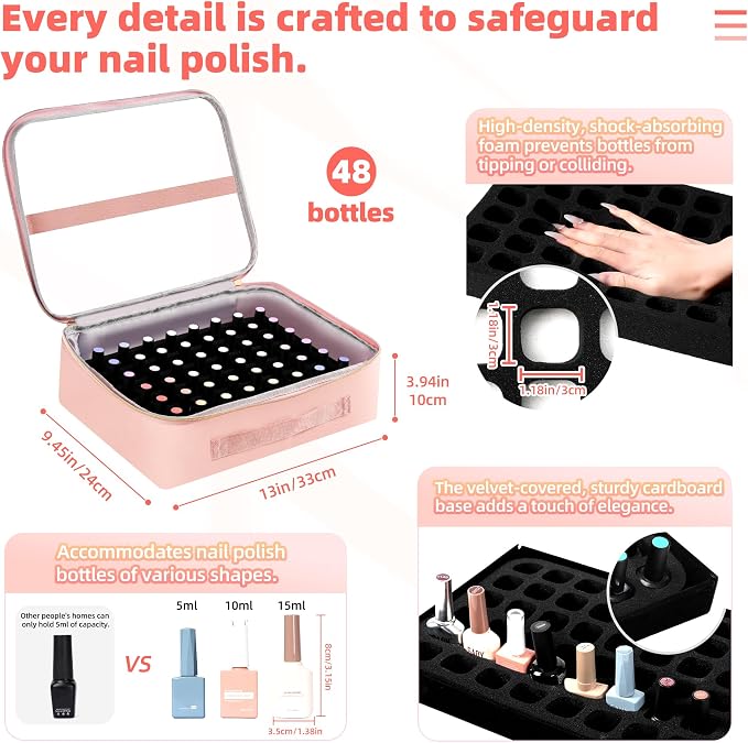 DERSTUEWE Nail Polish Organizer Case – Waterproof Travel Bag with Hard Bottom – Double Layer Nail Storage Bag with Adjustable Dividers & Nail Lamp Compartment (Pink) - Image 3
