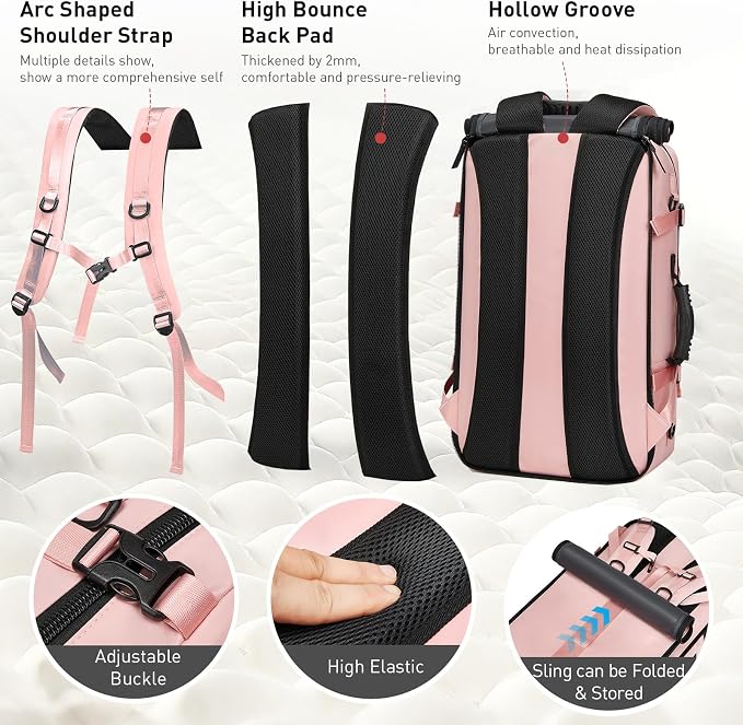 Backpack for Traveling On Airplane,Expandable Carry On Laptop Backpack for Men and Women,Outdoor Travel Bag,Pink - Image 3