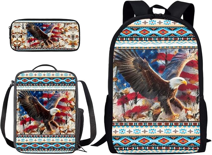 Aztec Eagle American Flag Print 3 In 1 Schoolbag Set for School or Travel with Lunch Bag and Pencil Case, Large Lightweight Independence Day Backpack Set, Durable School Bookbag Set by PCSJRKG