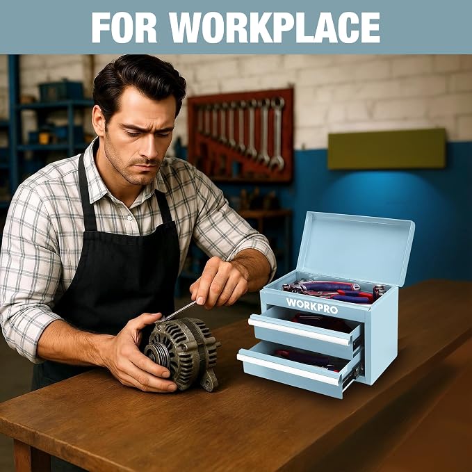 WORKPRO Metal Mini Tool Box with 2 Drawers and Top Storage | Cold Rolled Steel Toolbox, Ball Bearing Slides, PVC Drawer Liners, PP Feet Pads, Durable Storage - Image 6