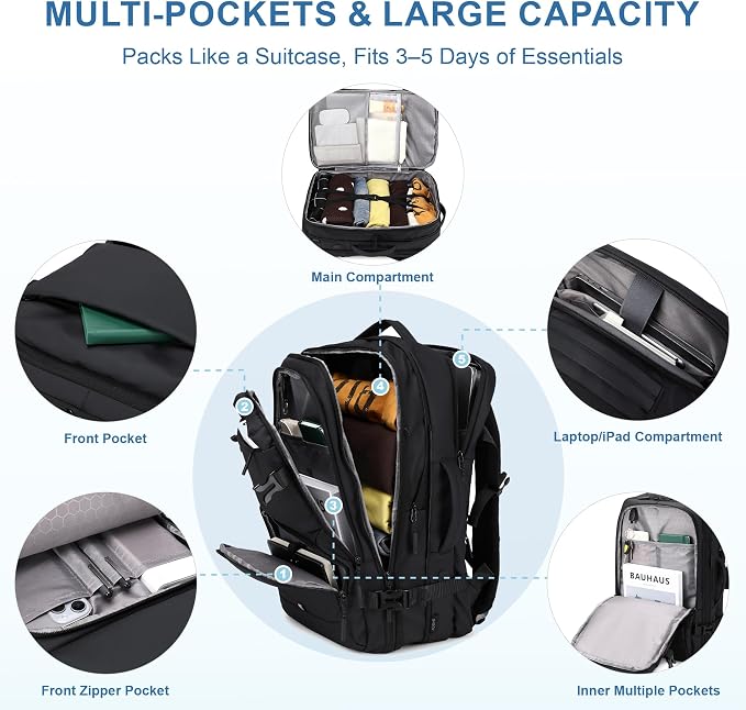BAGOK Carry On Travel Backpack, 35L-40L Expandable Extra Large Airline Approved,Lightweight Daypack for Men and Women（Black） - Image 4