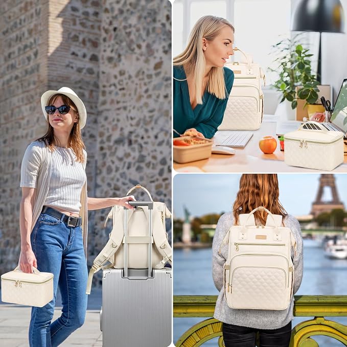 AIJIEKE Lunch Backpack for Women, 15.6 Laptop Backpack, Lunch Box, Beige | Water resistant computer bag with insulated leakproof cooler. Travel meal prep backpack for nurse, teacher, college commute - Image 7