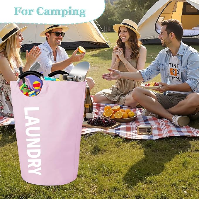 WOOHA 125L Large laundry basket,Collapsible laundry hamper, Tall Clothes Baskets Folding Washing Bin Foldable Fabric Hamper Bags for Bedroom, Closet,Bathroom,College,laundry bag,pink - Image 7