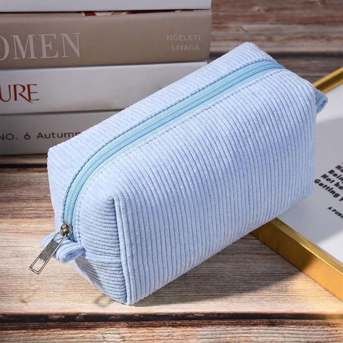 SOIDRAM 2 Pack Corduroy Makeup Bag for Women, Blue Makeup Pouch Small Cosmetic Bag Travel Toiletry Organizer for Skincare, Brushes & Essentials - Image 4