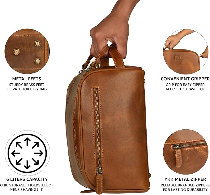 LEATHER VILLAGE Genuine Leather Toiletry Travel Bag With Waterproof Lining - Sun Tan | King-Size Handcrafted Vintage Dopp Kit Bag, Shaving & Bathroom Organizer, Gift for Men & Women - Image 5