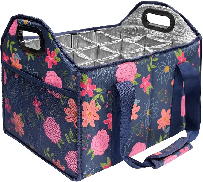 12 Bottle Wine Carrier Collapsible Bottle Caddy with Handles Storage Box for Travel Picnics Weddings Shopping Wine Tasting (Blue Floral) - Image 2