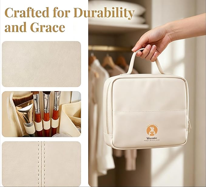 Standing Makeup Bag, Fold Down Trave Cosmetic Bag,Large Capacity Toiletry Bags for Women,Portable Free-Standing Makeup Bag and Brush Storage Bag for Easy Access (Creamy) - Image 3