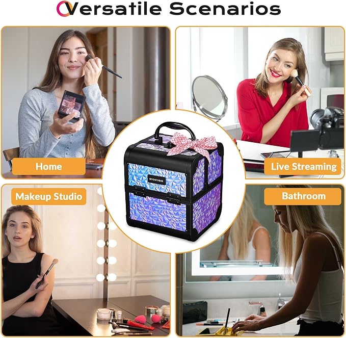 BYOOTIQUE Mini Makeup Train Case with Mirror 2 Tier Trays Box Makeup Artist | Aluminum Portable Travel Makeup Case Organizer Box Lockable Suitcase Cosmetic Storage Hairstylist Nail Tech Mermaid Purple - Image 6