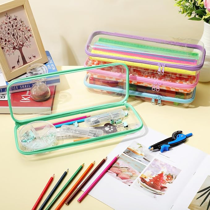 Hoolerry 4 Pcs Hard Clear Zipper Case Makeup Bags Plastic Zipper Pouch Transparent Storage Box Containers for Cosmetics, Snacks, Building Blocks, Puzzles(Clear,13.2 x 4.7 x 2.4 in,Pastel) - Image 7