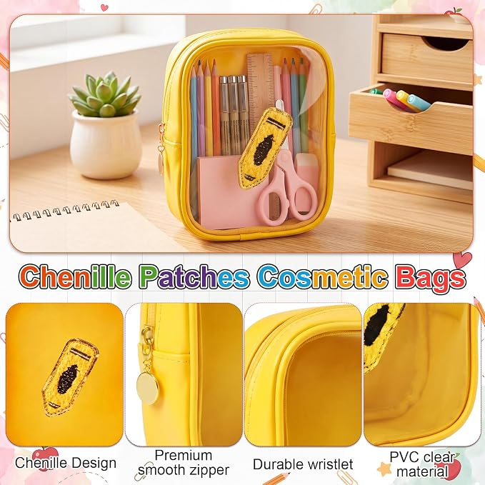 12 Pack Crayon Embroidery Clear Makeup Bag, Cute PVC Cosmetic Pouch with Colorful Crayon Patch 6 Colors, Small Waterproof Leather Travel Bag for Women, Teacher Appreciation Gift Set - Image 3