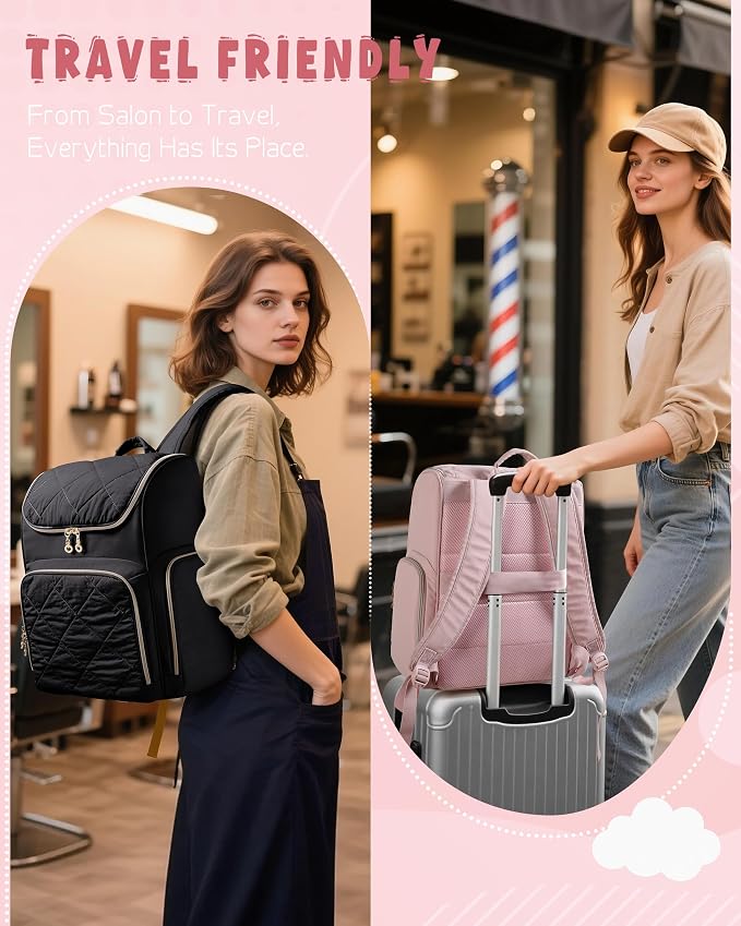 Marscamd Insulated Hairstylist Travel Bag Backpack with Detachable Dividers and Multiple Pockets, Quilted Hair Tool Travel Bag with Multiple Pockets for Hairstylist and Barber, Pink - Image 6